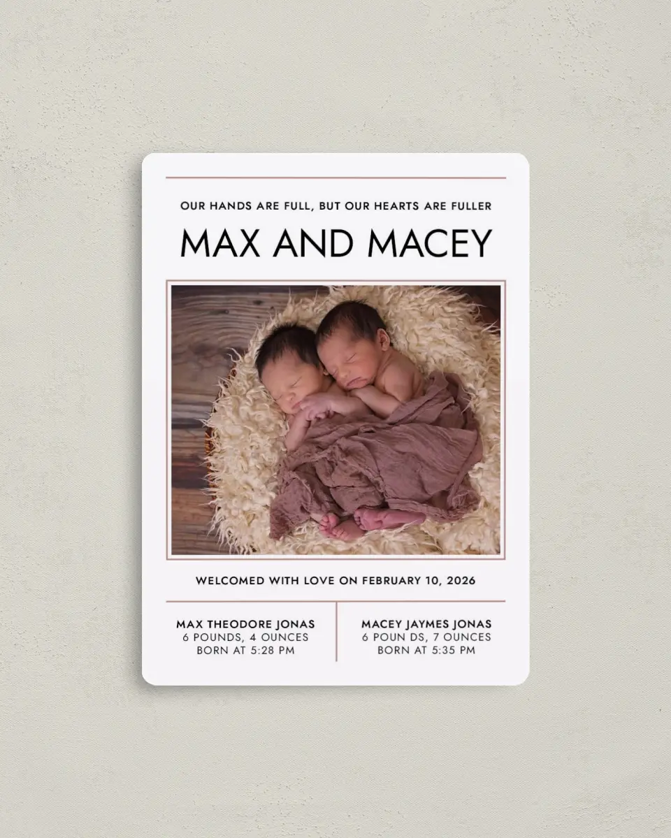 This is a 4" x 5½" Birth Announcement Magnet called Full Hearts printed in full color with Rose Gold foil and a Luxe Satin finish