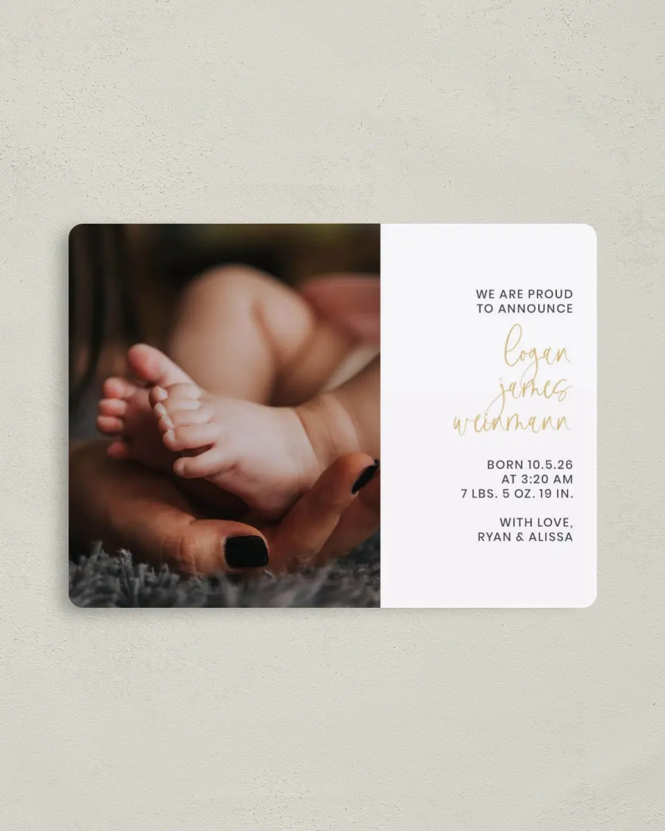 This is a 4" x 5½" Birth Announcement Magnet called New Cuddles printed in full color with Gold foil and a Luxe Satin finish