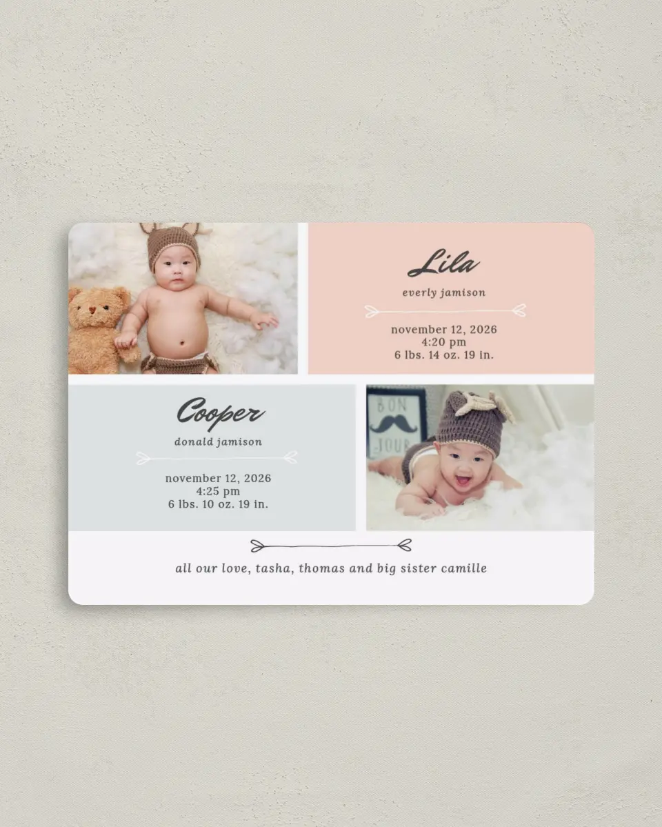 This is a 4" x 5½" Birth Announcement Magnet called Twinning Hearts printed in full color with Silver foil and a Luxe Satin finish