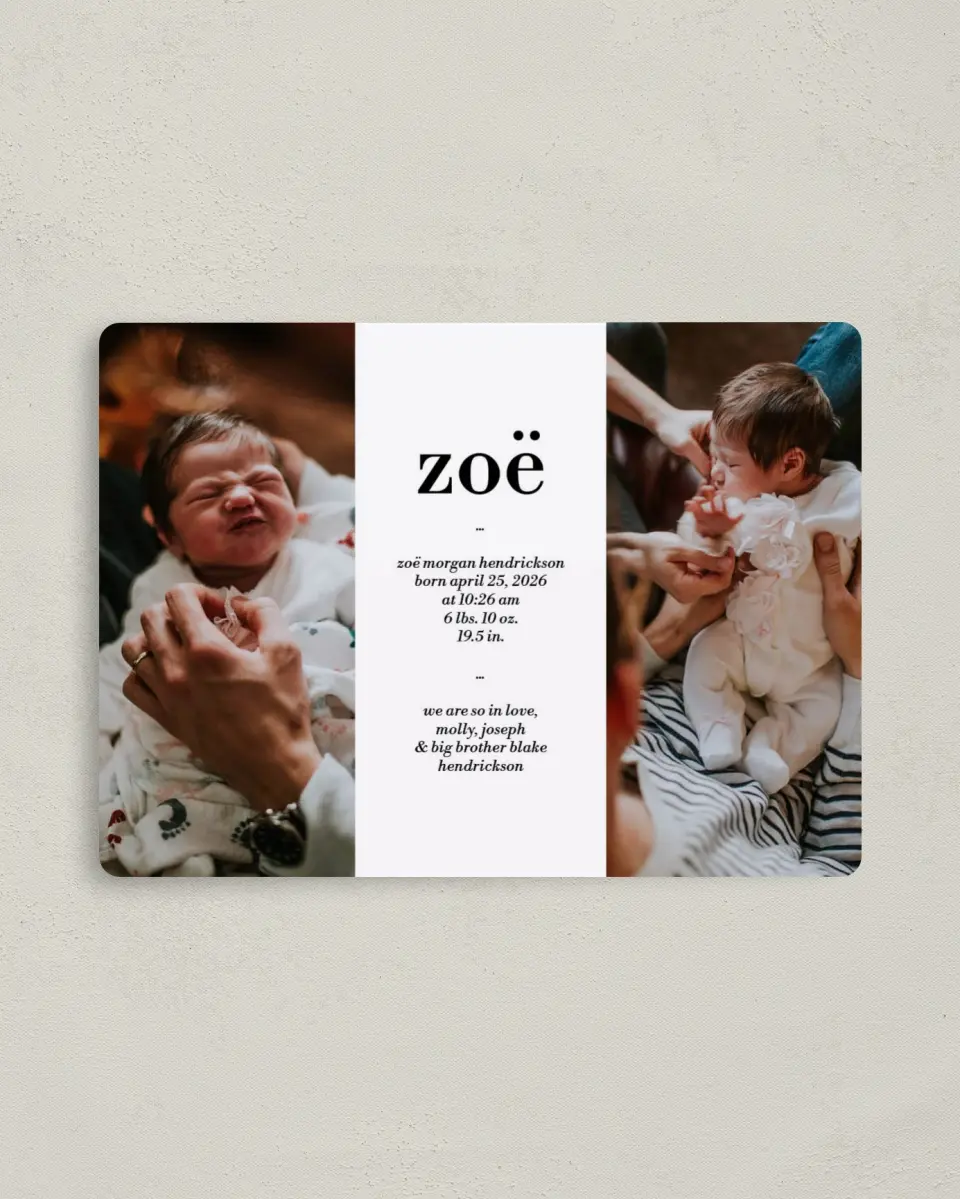 This is a 4" x 5½" Birth Announcement Magnet called First Moments printed in full color with Gold foil and a Luxe Satin finish