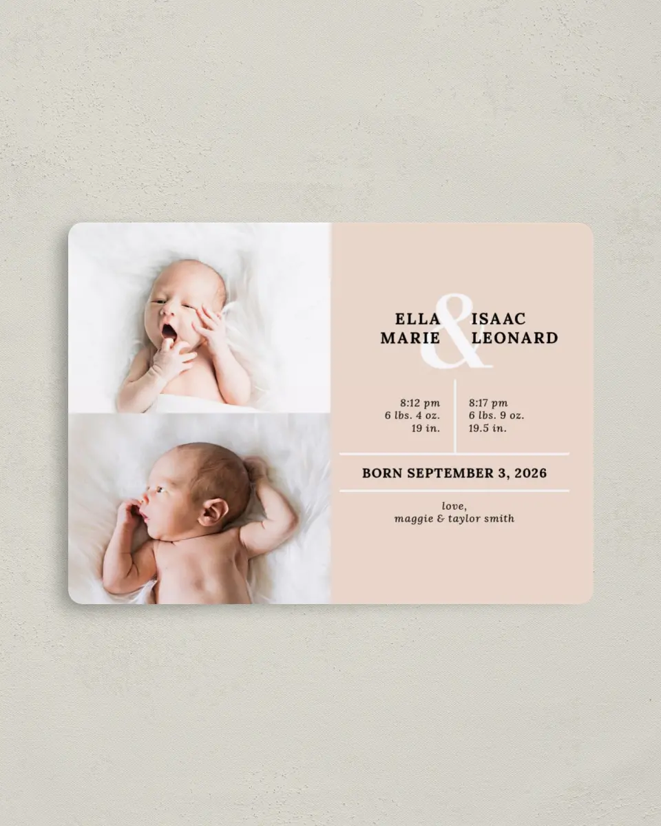 This is a 4" x 5½" Birth Announcement Magnet called Double Love printed in full color with Gold foil and a Luxe Satin finish