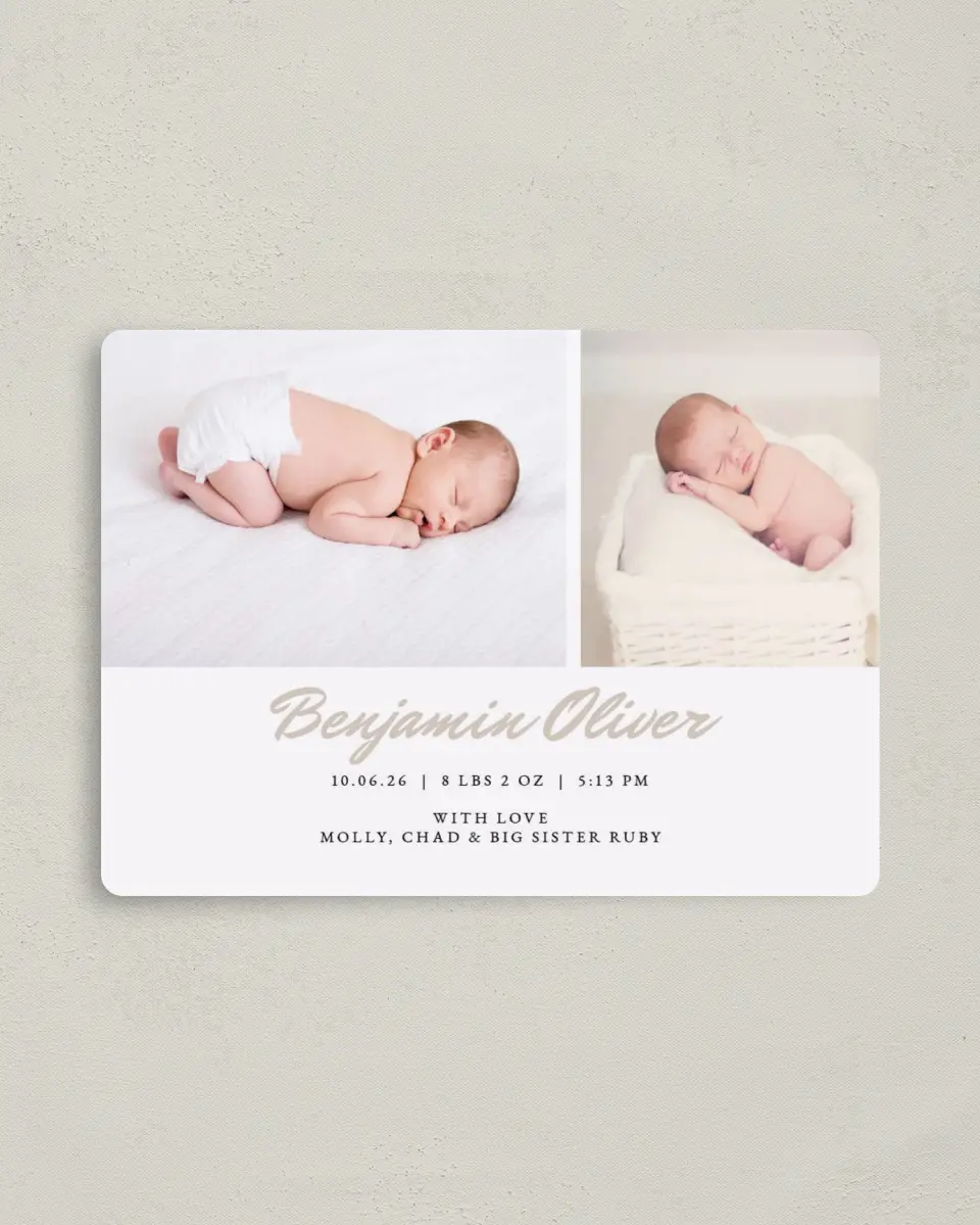 This is a 4" x 5½" Birth Announcement Magnet called Tiny Toes printed in full color with Gold foil and a Luxe Satin finish