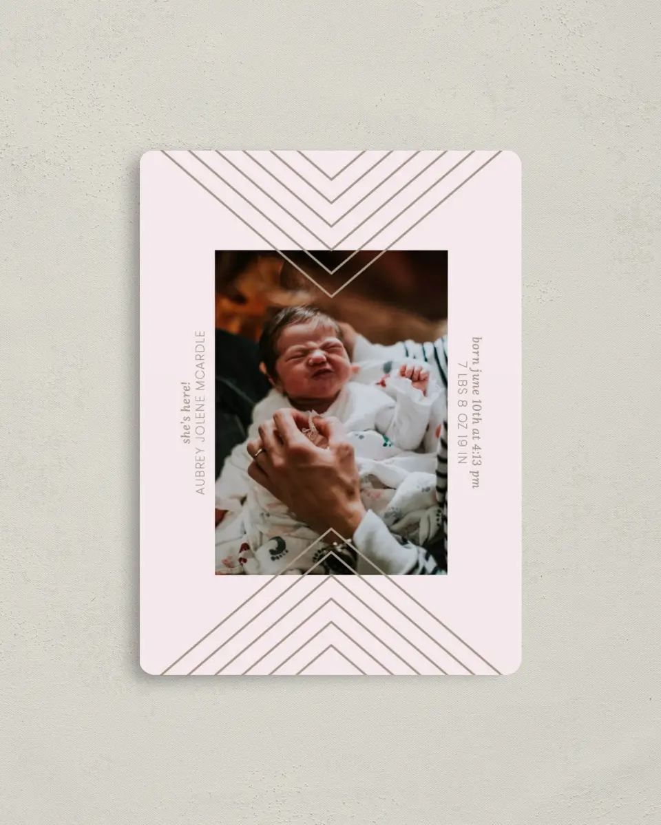 This is a 4" x 5½" Birth Announcement Magnet called Growing Love printed in full color with Rose Gold foil and a Luxe Satin finish