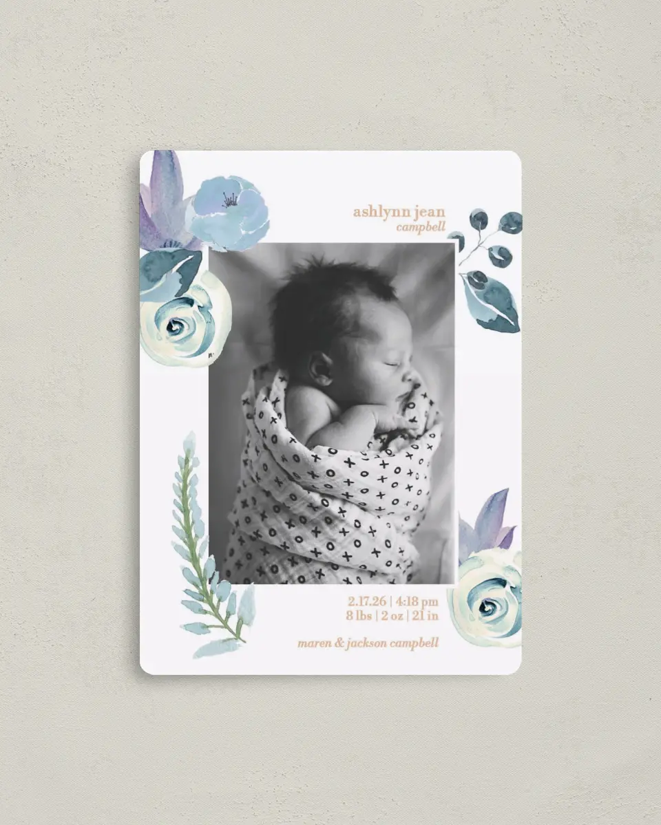 This is a 4" x 5½" Birth Announcement Magnet called Baby Bliss printed in full color with Gold foil and a Luxe Satin finish