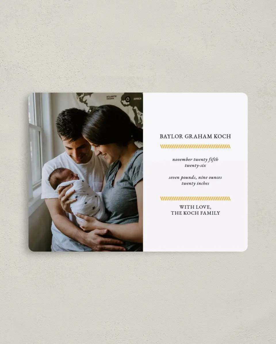 This is a 4" x 5½" Birth Announcement Magnet called Full of Grace printed in full color with Rose Gold foil and a Luxe Satin finish
