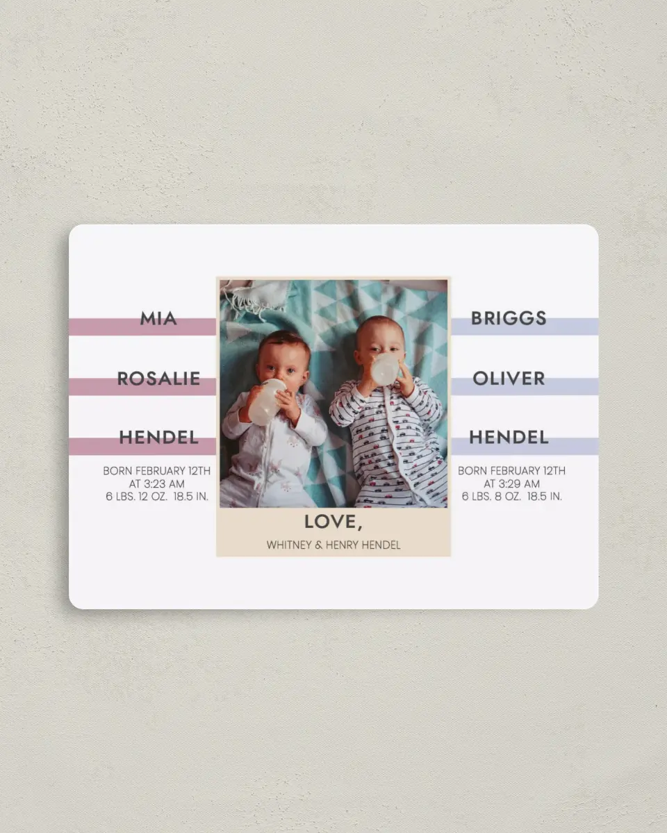 This is a 4" x 5½" Birth Announcement Magnet called Two News printed in full color with Gold foil and a Luxe Satin finish