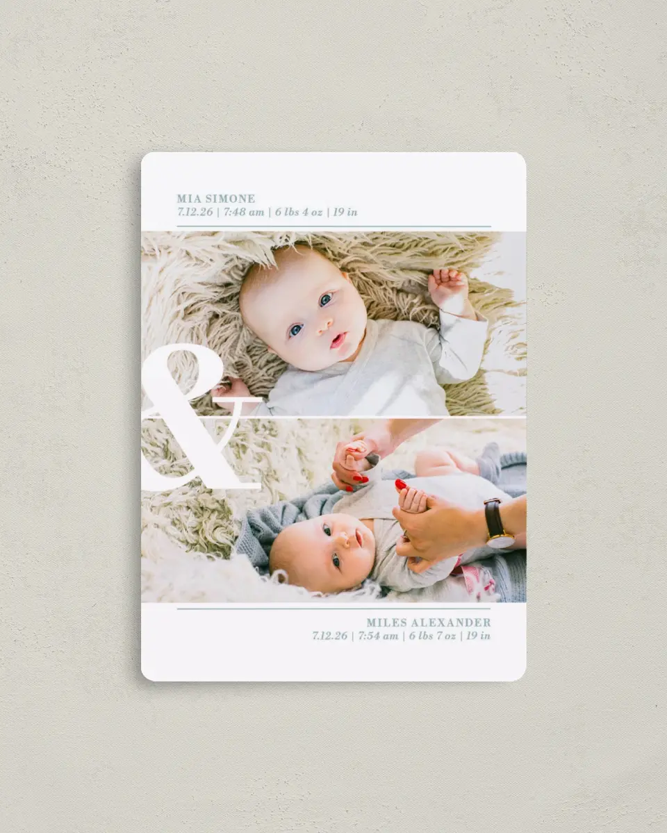 This is a 4" x 5½" Birth Announcement Magnet called Two Lil Miracles printed in full color with a Luxe Satin finish