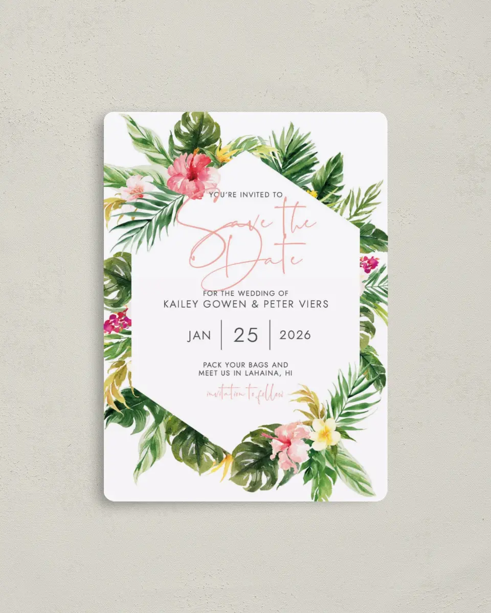 This is a 4" x 5½" Save the Date Magnet called Perfect Paradise printed in full color with a Luxe Satin finish