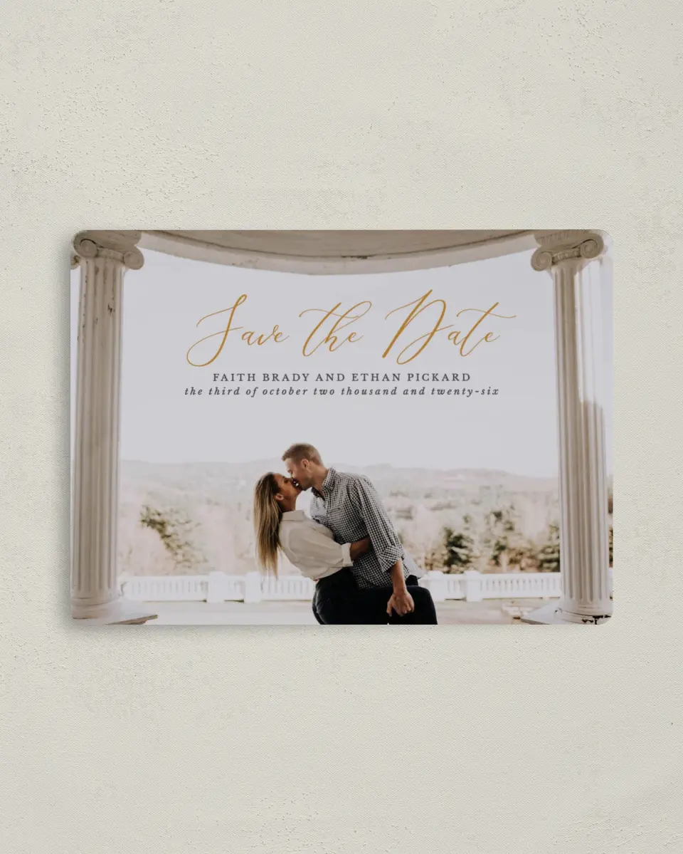 This is a 4" x 5½" Save the Date Magnet called Beloved Crest printed in full color with a Luxe Satin finish