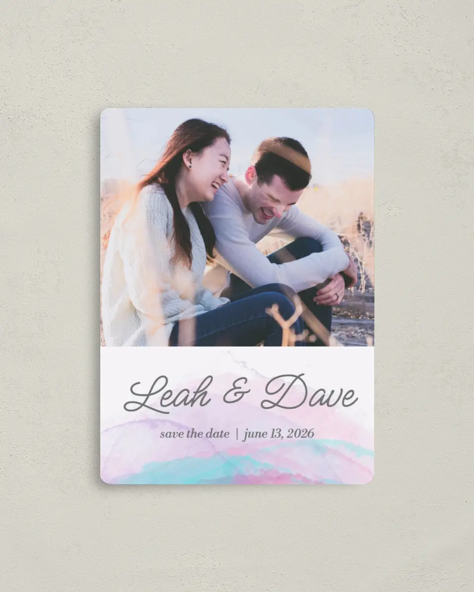 This is a 4" x 5½" Save the Date Magnet called Joyful Enchantment printed in full color with a Luxe Satin finish