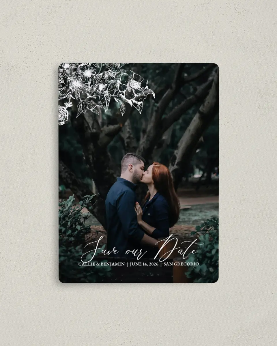 This is a 4" x 5½" Save the Date Magnet called Gentle Bouquet printed in full color with a Luxe Satin finish