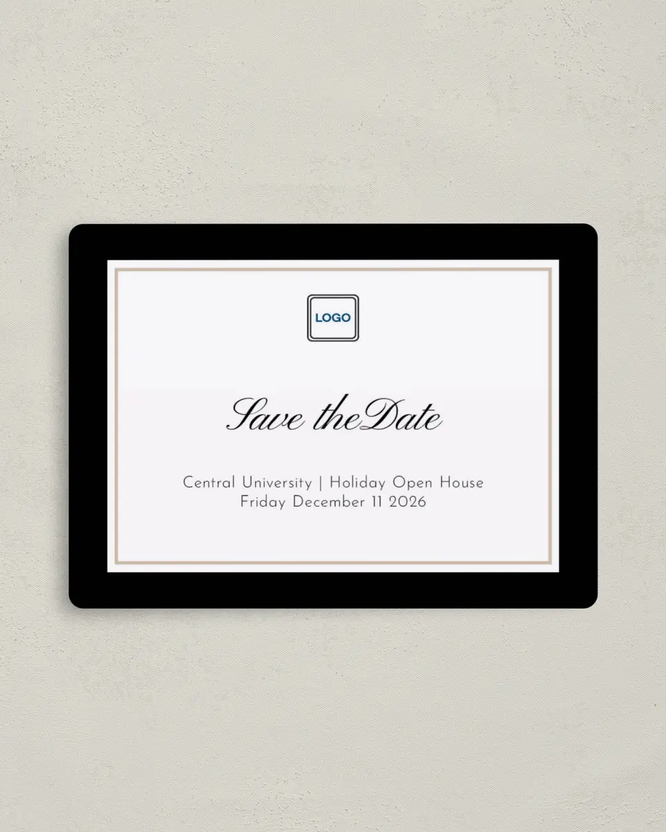This is a 4" x 5½" Gala Save the Date Magnet called Scripted Holiday Event printed in full color with a Luxe Satin finish