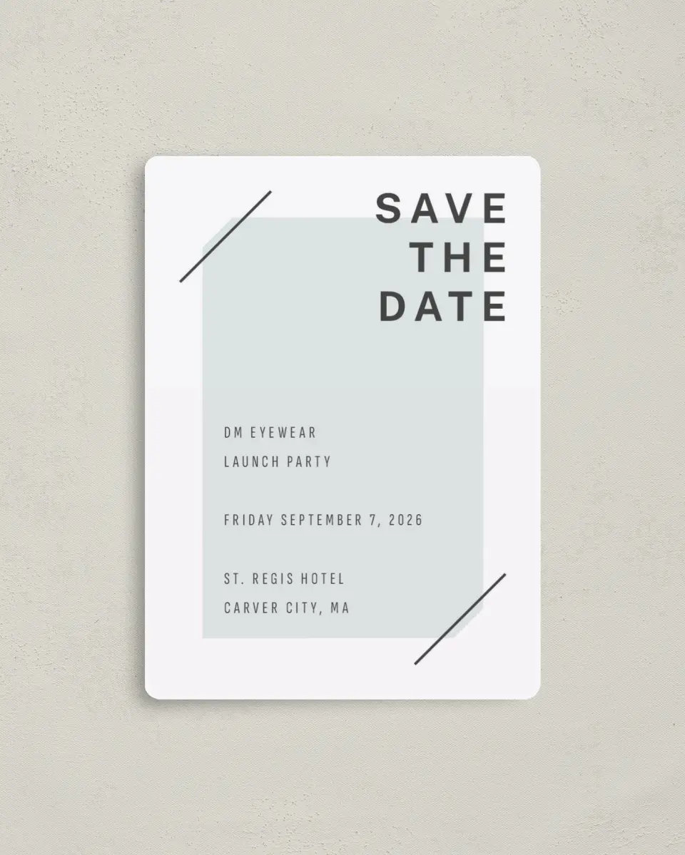This is a 4" x 5½" Gala Save the Date Magnet called On the Scene printed in full color with a Luxe Satin finish