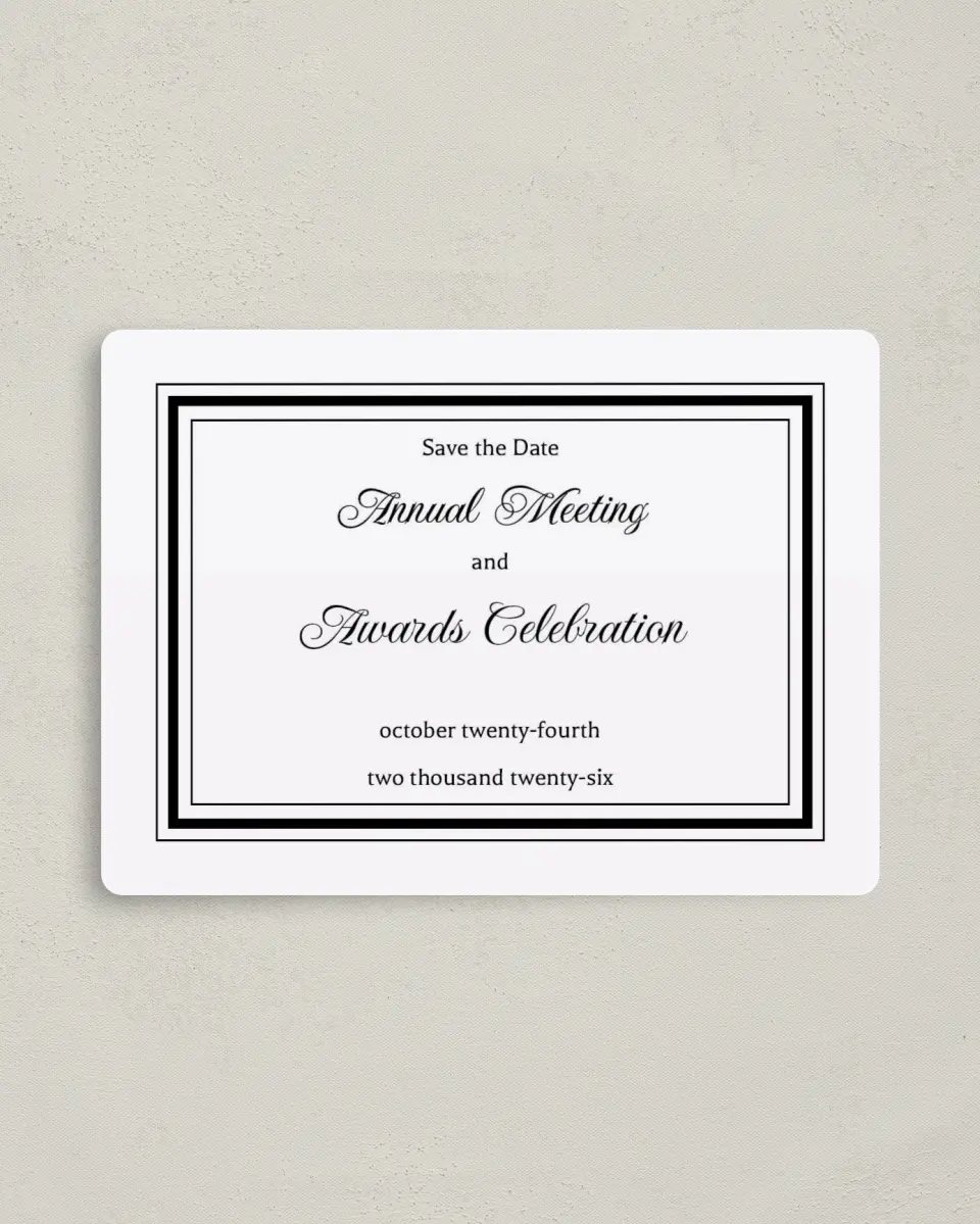 This is a 4" x 5½" Gala Save the Date Magnet called Formally Framed printed in full color with a Luxe Satin finish