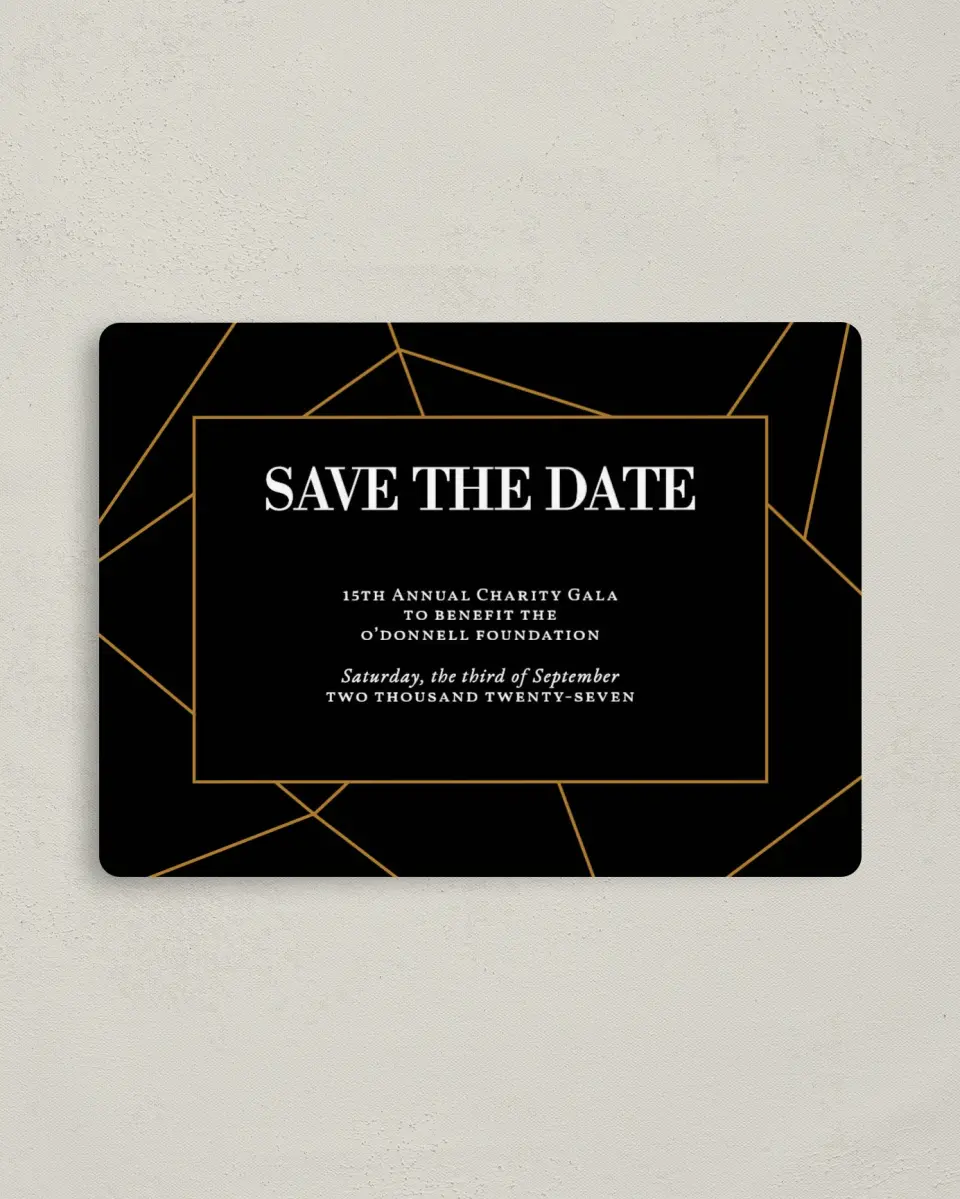 This is a 4" x 5½" Gala Save the Date Magnet called Black Tie Affair printed in full color with a Luxe Satin finish