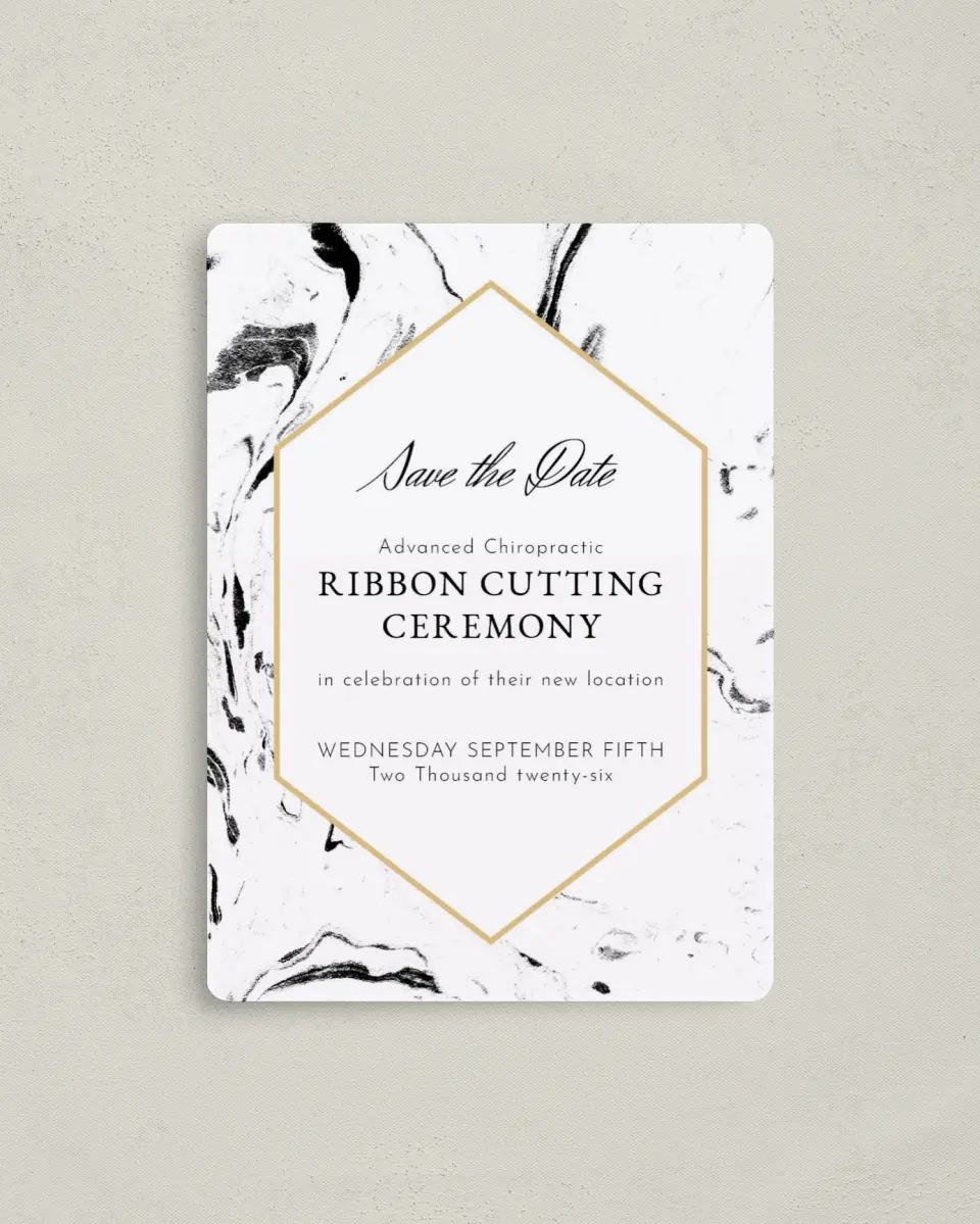 This is a 4" x 5½" Gala Save the Date Magnet called Cut the Ribbon printed in full color with a Luxe Satin finish