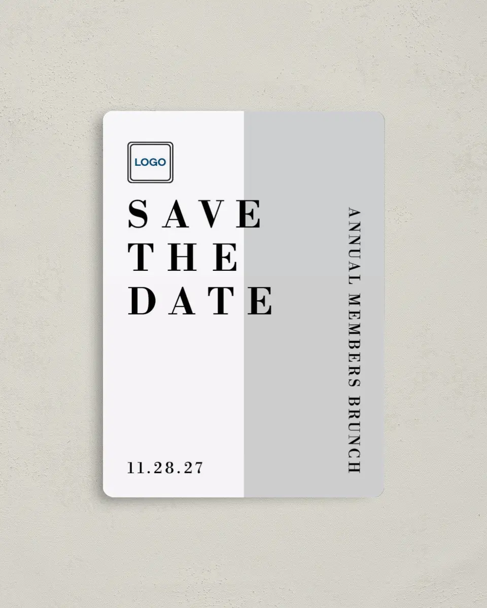 This is a 4" x 5½" Gala Save the Date Magnet called Be Square printed in full color with a Luxe Satin finish