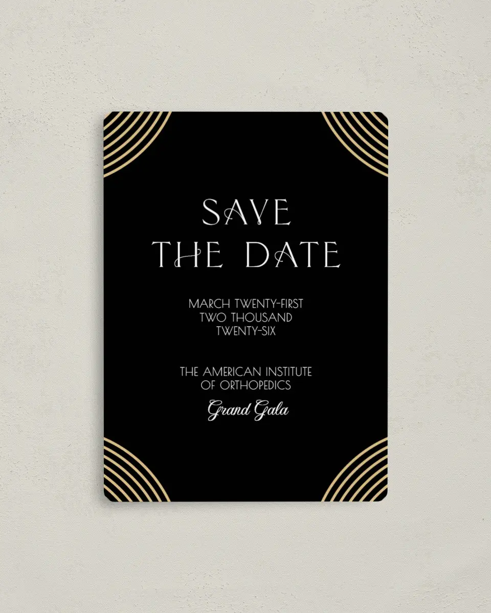This is a 4" x 5½" Gala Save the Date Magnet called Golden Gala printed in full color with a Luxe Satin finish