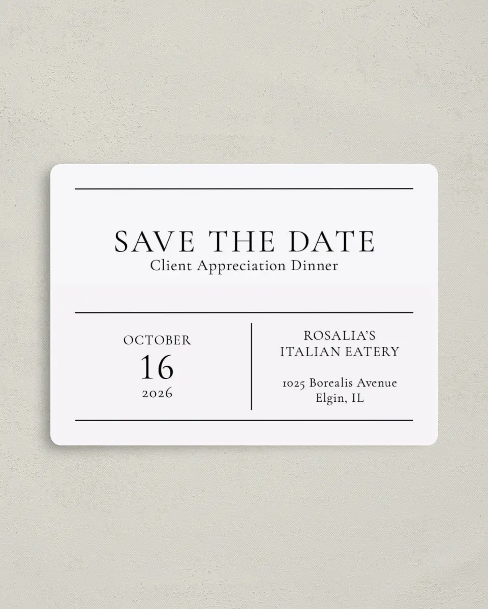 This is a 4" x 5½" Gala Save the Date Magnet called Simply Appreciated printed in full color with a Luxe Satin finish