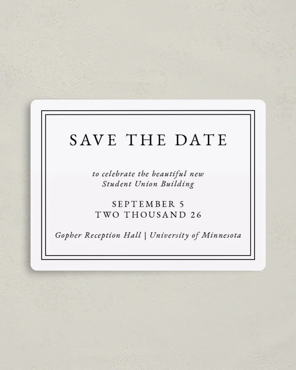 This is a 4" x 5½" Gala Save the Date Magnet called The Great Debut printed in full color with a Luxe Satin finish