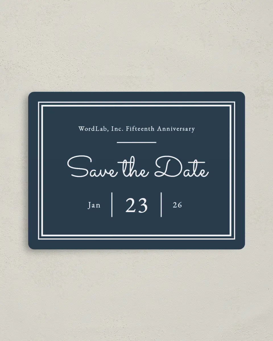 This is a 4" x 5½" Gala Save the Date Magnet called Anniversary Luncheon printed in full color with a Luxe Satin finish