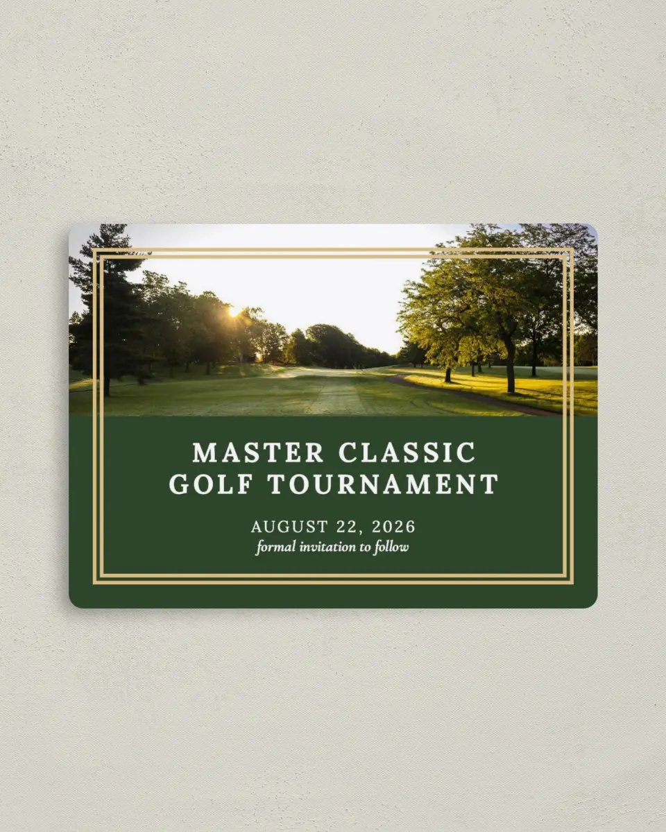 This is a 4" x 5½" Gala Save the Date Magnet called Classic Tournament printed in full color with a Luxe Satin finish