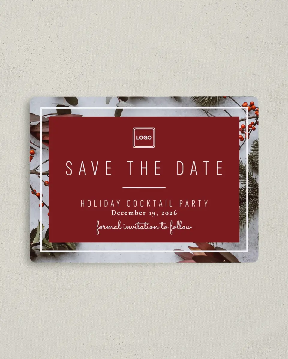 This is a 4" x 5½" Gala Save the Date Magnet called Holiday Party printed in full color with a Luxe Satin finish