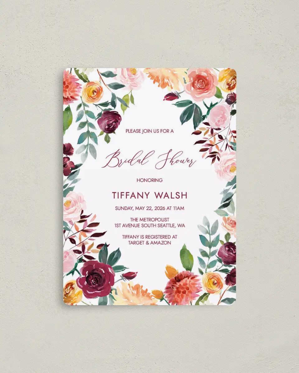 This is a 4" x 5½" Bridal Shower Invitation Magnet called Bouquet Bliss printed in full color with a Luxe Satin finish