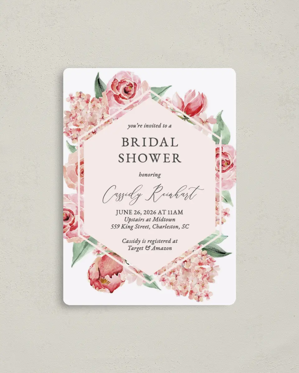 This is a 4" x 5½" Bridal Shower Invitation Magnet called Floral Elegance printed in full color with a Luxe Satin finish