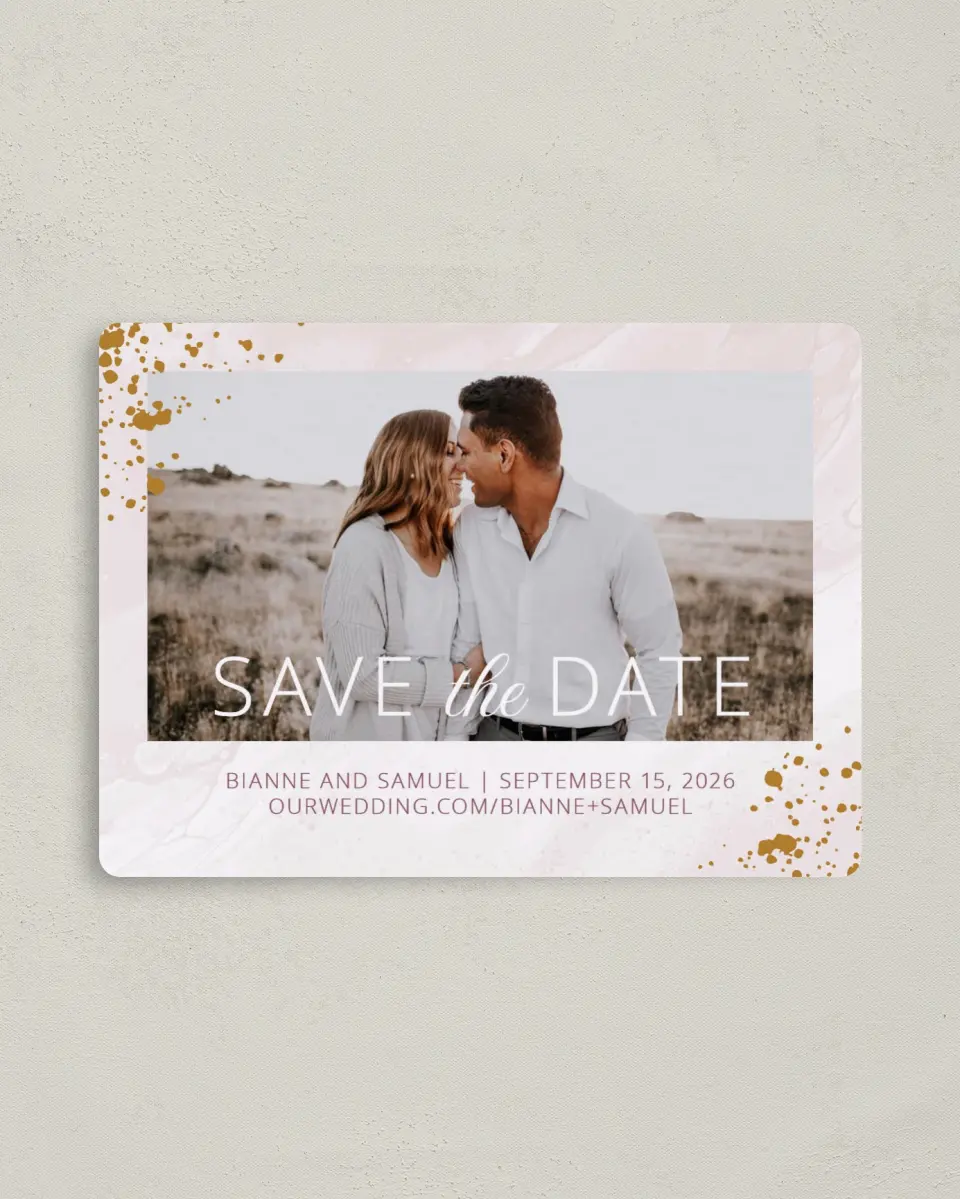 This is a 4" x 5½" Save the Date Magnet called Tender Mist printed in full color with a Luxe Satin finish