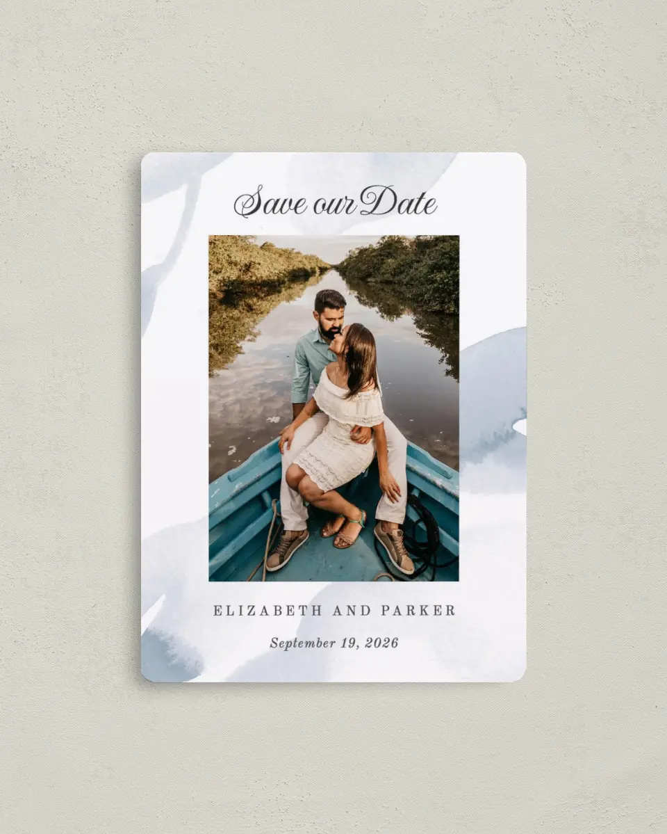 This is a 4" x 5½" Save the Date Magnet called Painted Majesty printed in full color with a Luxe Satin finish