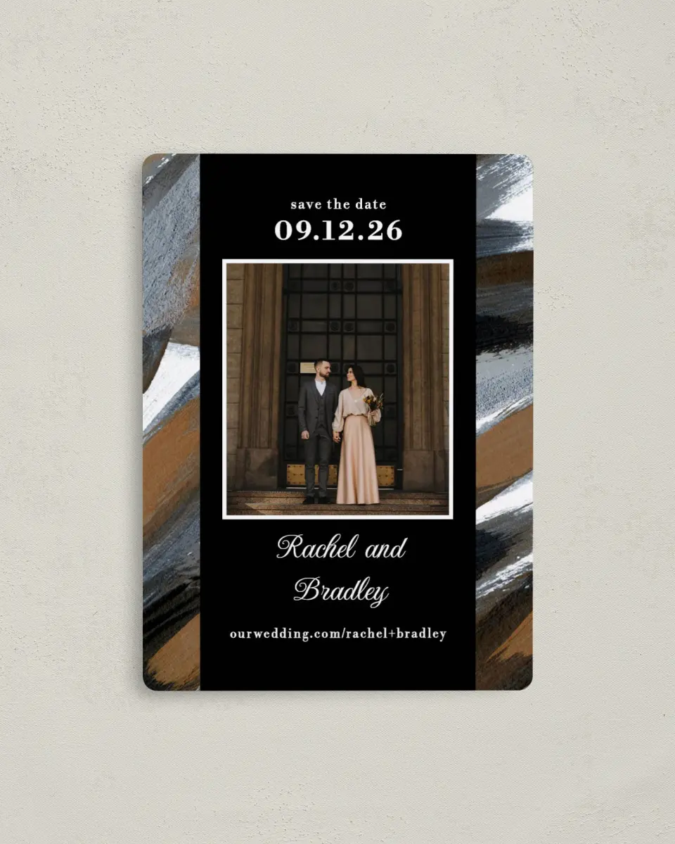 This is a 4" x 5½" Save the Date Magnet called Moody Swashes printed in full color with a Luxe Satin finish