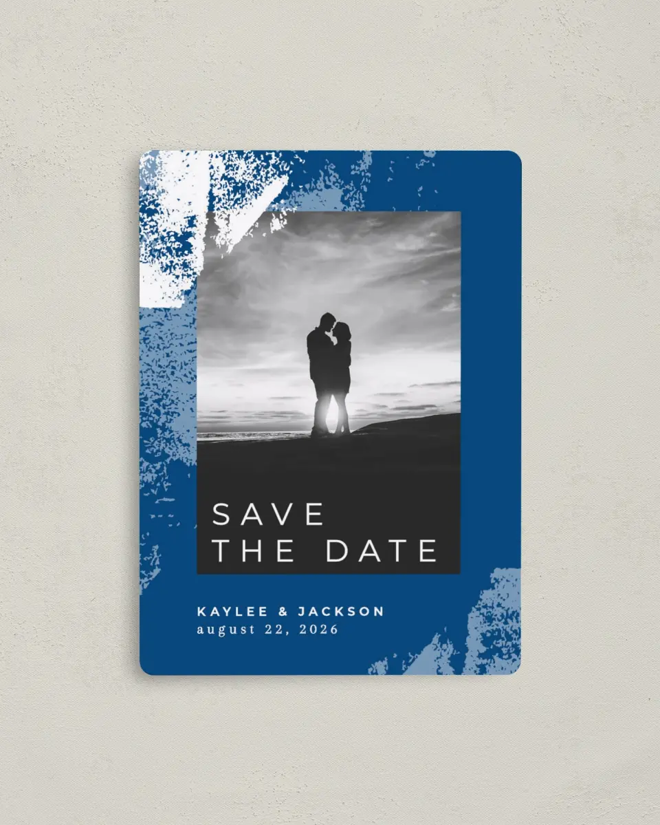 This is a 4" x 5½" Save the Date Magnet called Set in Stone printed in full color with a Luxe Satin finish
