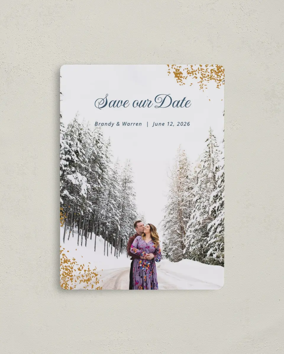 This is a 4" x 5½" Save the Date Magnet called Dreamy Sky printed in full color with a Luxe Satin finish