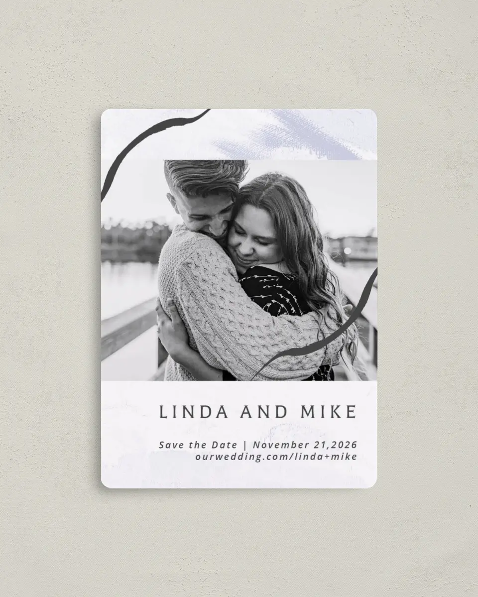 This is a 4" x 5½" Save the Date Magnet called Gilded Marble printed in full color with a Luxe Satin finish