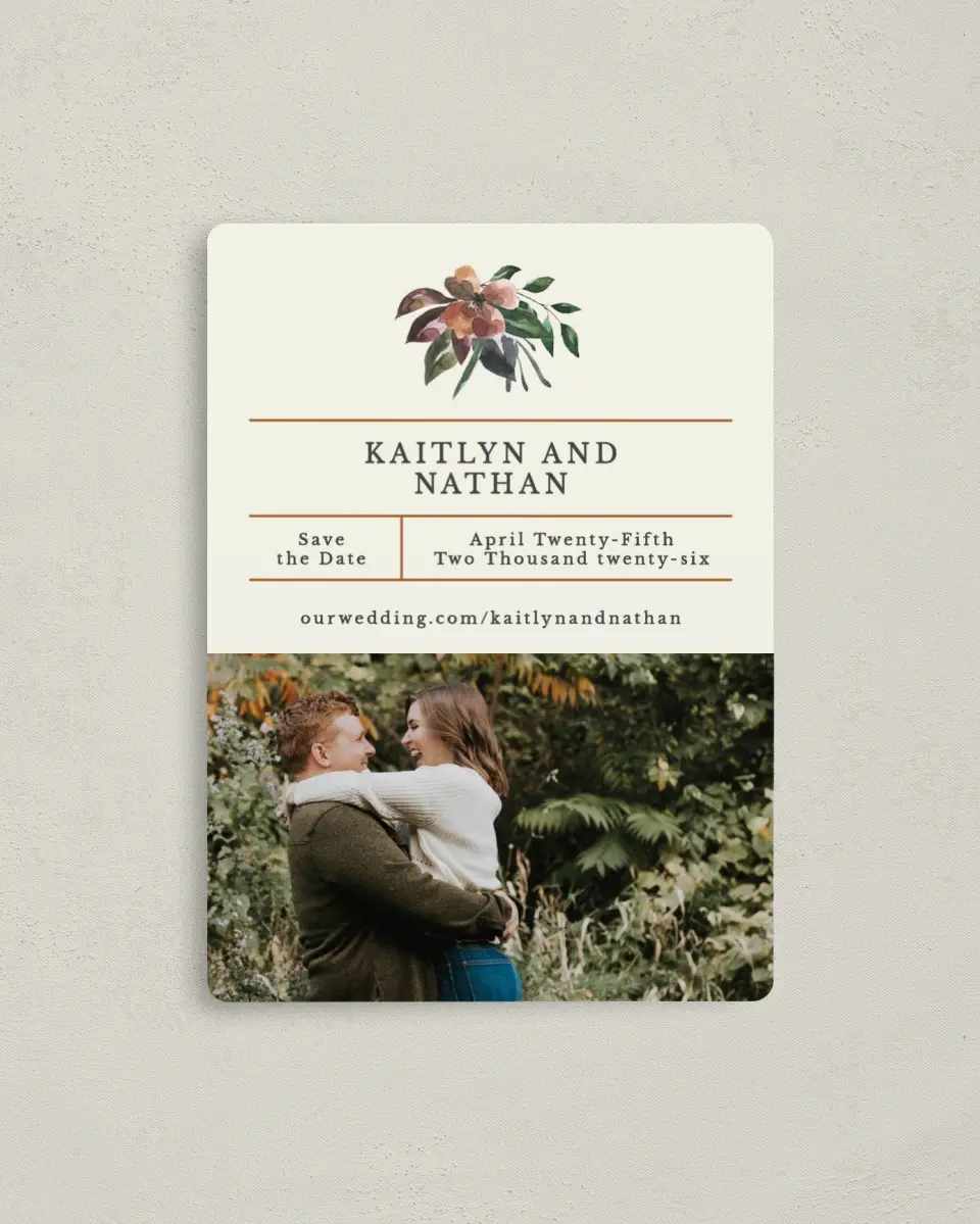 This is a 4" x 5½" Save the Date Magnet called Golden Blooms printed in full color with a Luxe Satin finish