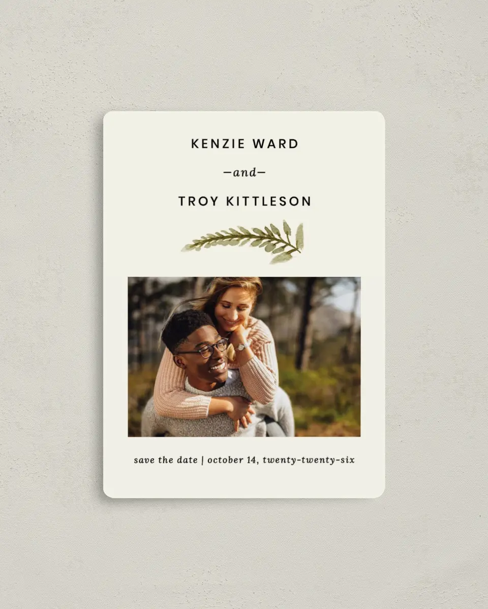 This is a 4" x 5½" Save the Date Magnet called Faintly Fall printed in full color with a Luxe Satin finish