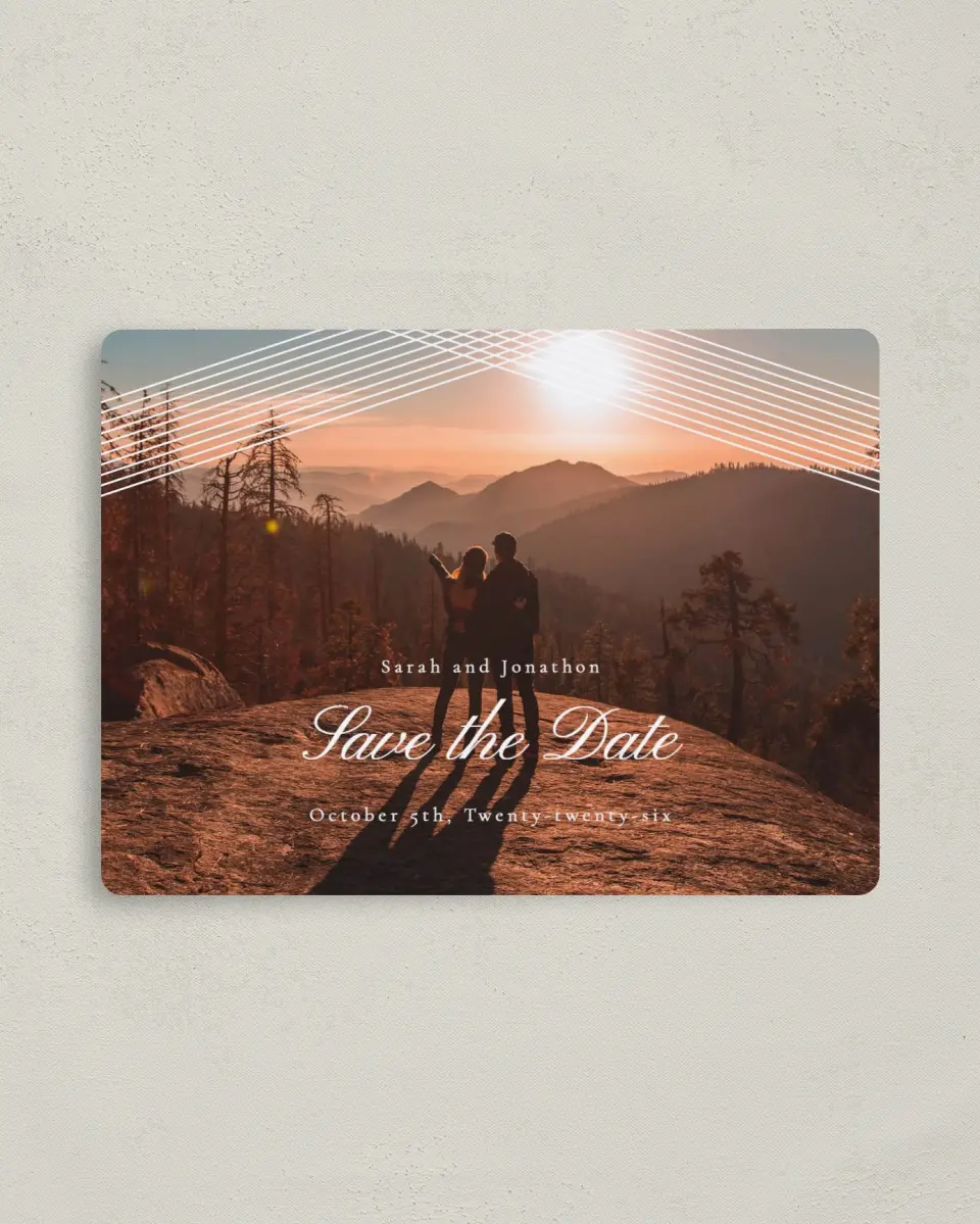 This is a 4" x 5½" Save the Date Magnet called Dearest Lines printed in full color with a Luxe Satin finish