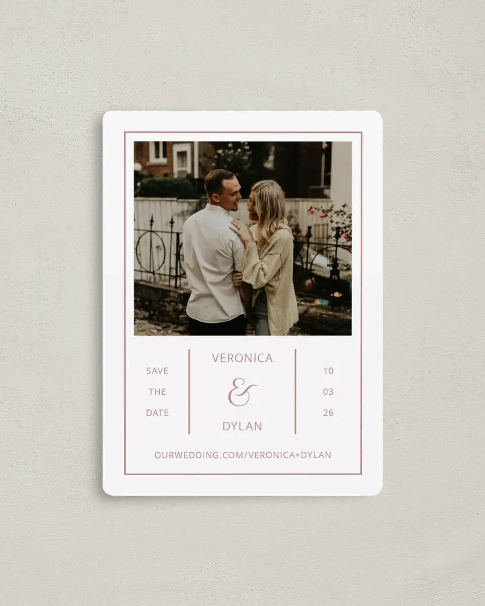 This is a 4" x 5½" Save the Date Magnet called Neat Arrangement printed in full color with a Luxe Satin finish