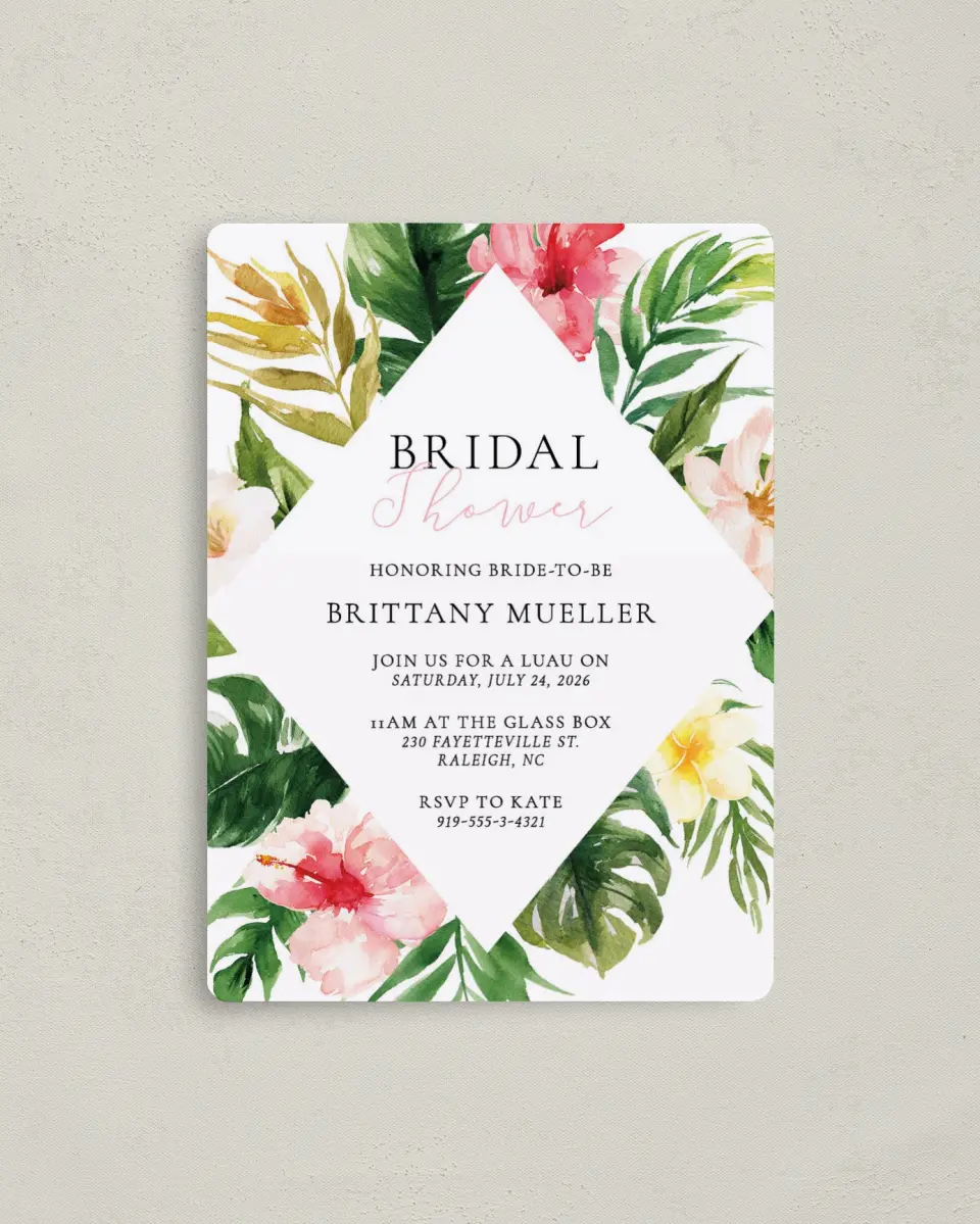 This is a 4" x 5½" Bridal Shower Invitation Magnet called Lovely Tropics printed in full color with a Luxe Satin finish