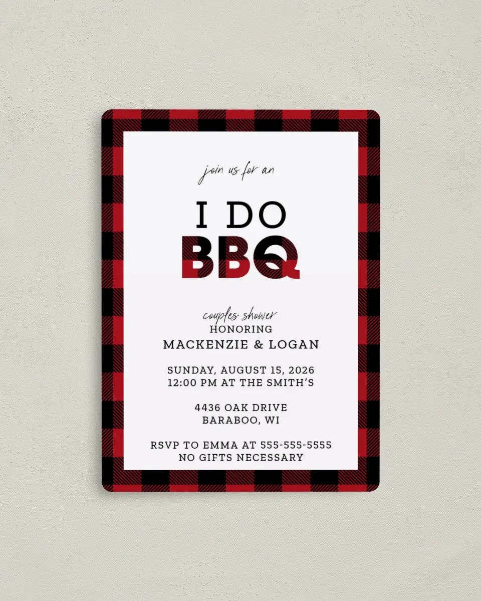 This is a 4" x 5½" Bridal Shower Invitation Magnet called I Do BBQ printed in full color with a Luxe Satin finish