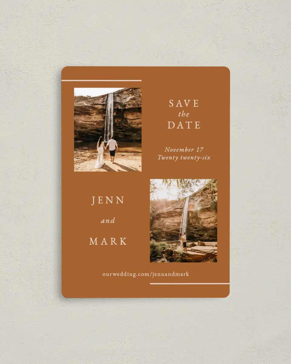 This is a 4" x 5½" Save the Date Magnet called Adorable Duo printed in full color with a Luxe Satin finish