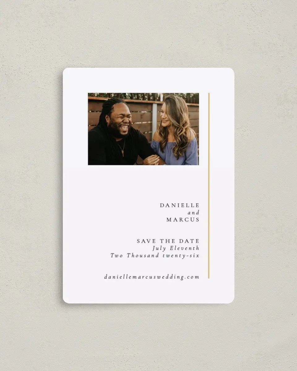 This is a 4" x 5½" Save the Date Magnet called Laughing Hearts printed in full color with a Luxe Satin finish