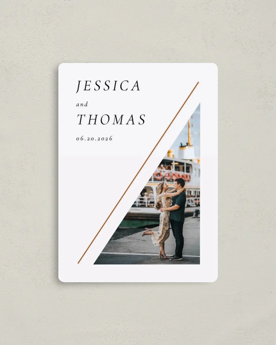 This is a 4" x 5½" Save the Date Magnet called Sneak Peek printed in full color with a Luxe Satin finish