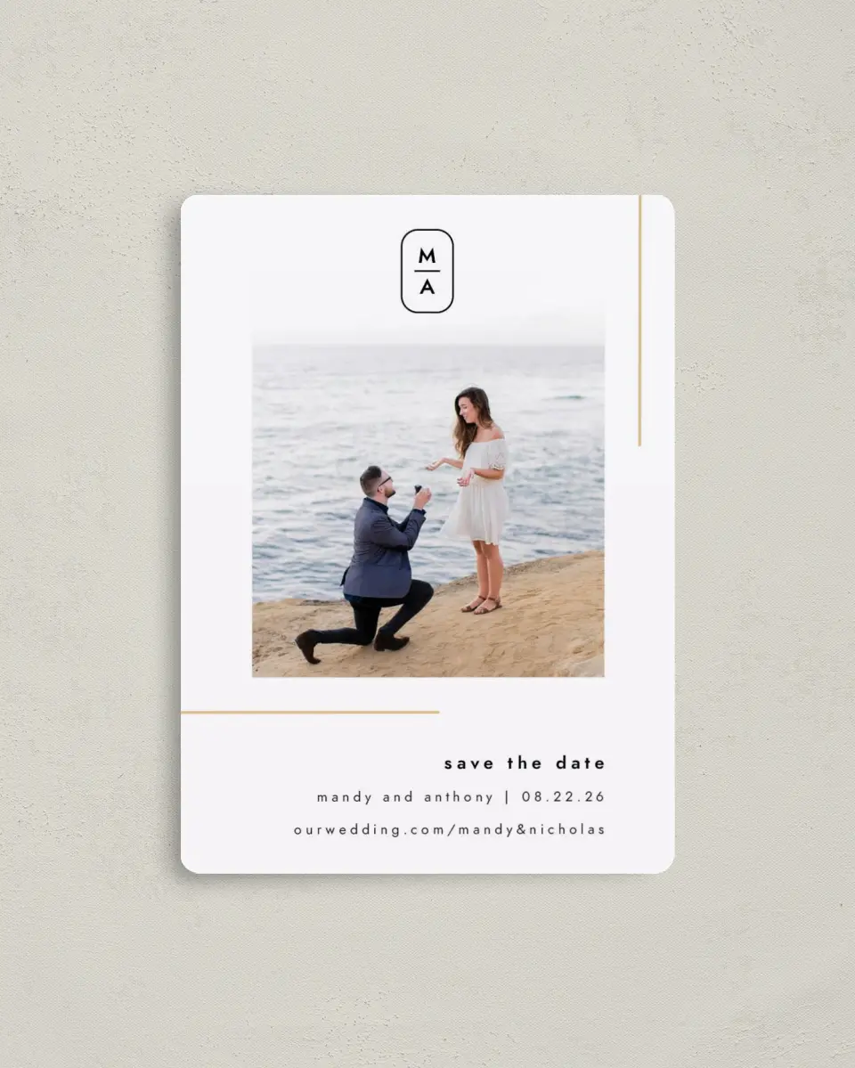 This is a 4" x 5½" Save the Date Magnet called The Proposal printed in full color with a Luxe Satin finish
