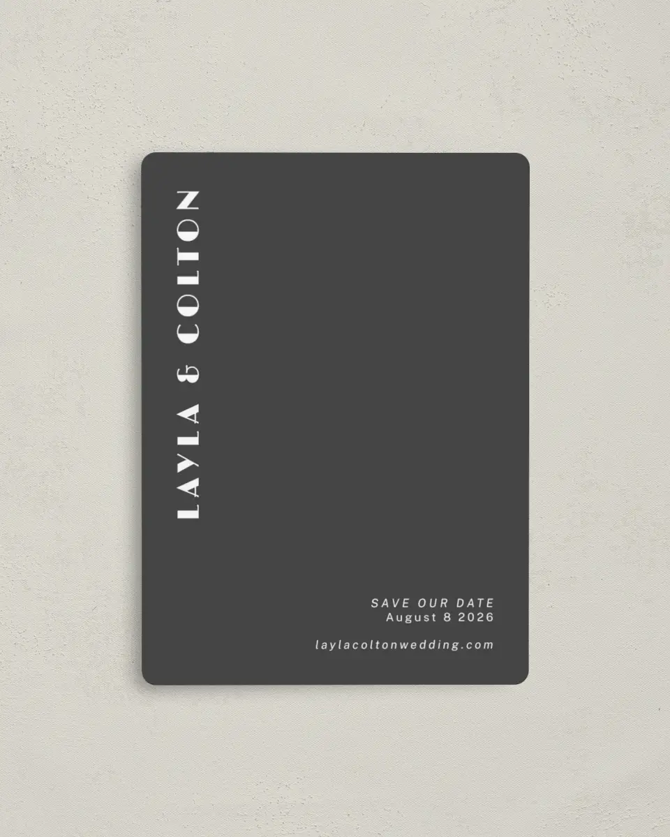 This is a 4" x 5½" Save the Date Magnet called Boldly Forward printed in full color with a Luxe Satin finish