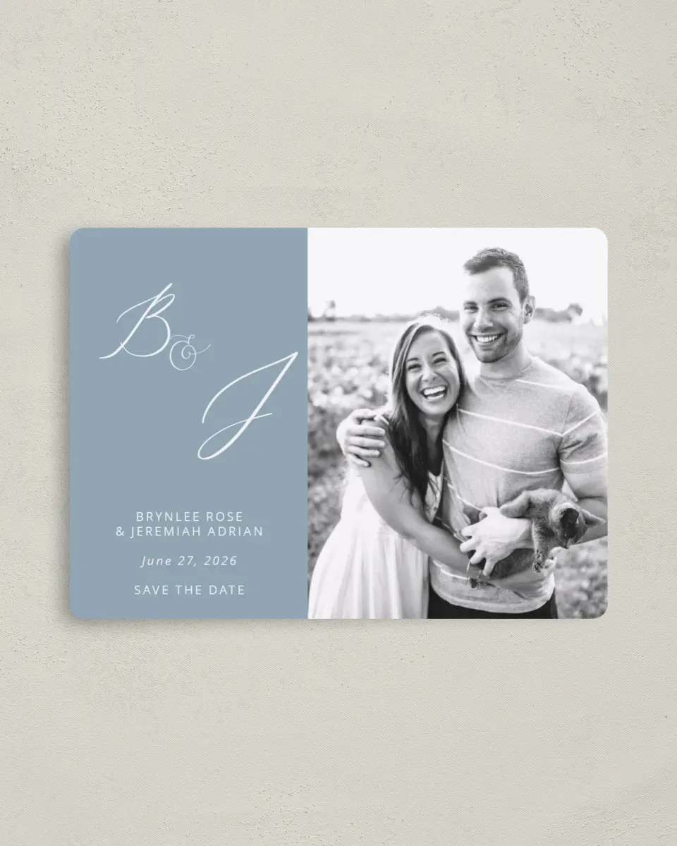 This is a 4" x 5½" Save the Date Magnet called Simple Embrace printed in full color with a Luxe Satin finish