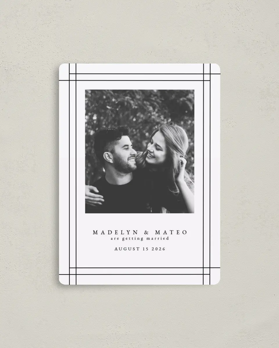 This is a 4" x 5½" Save the Date Magnet called Mod Frame printed in full color with a Luxe Satin finish