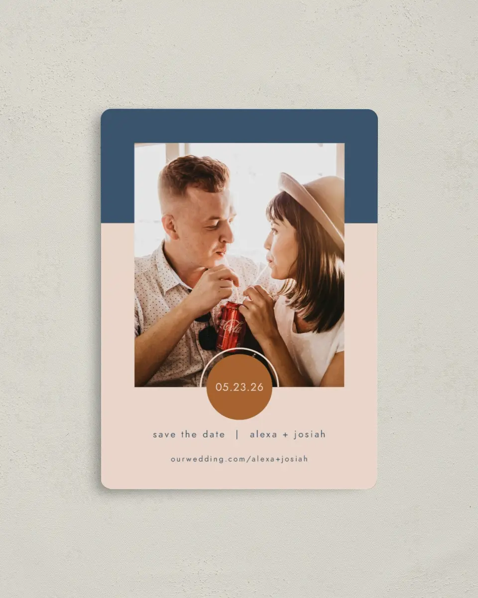 This is a 4" x 5½" Save the Date Magnet called Our Beginning printed in full color with a Luxe Satin finish
