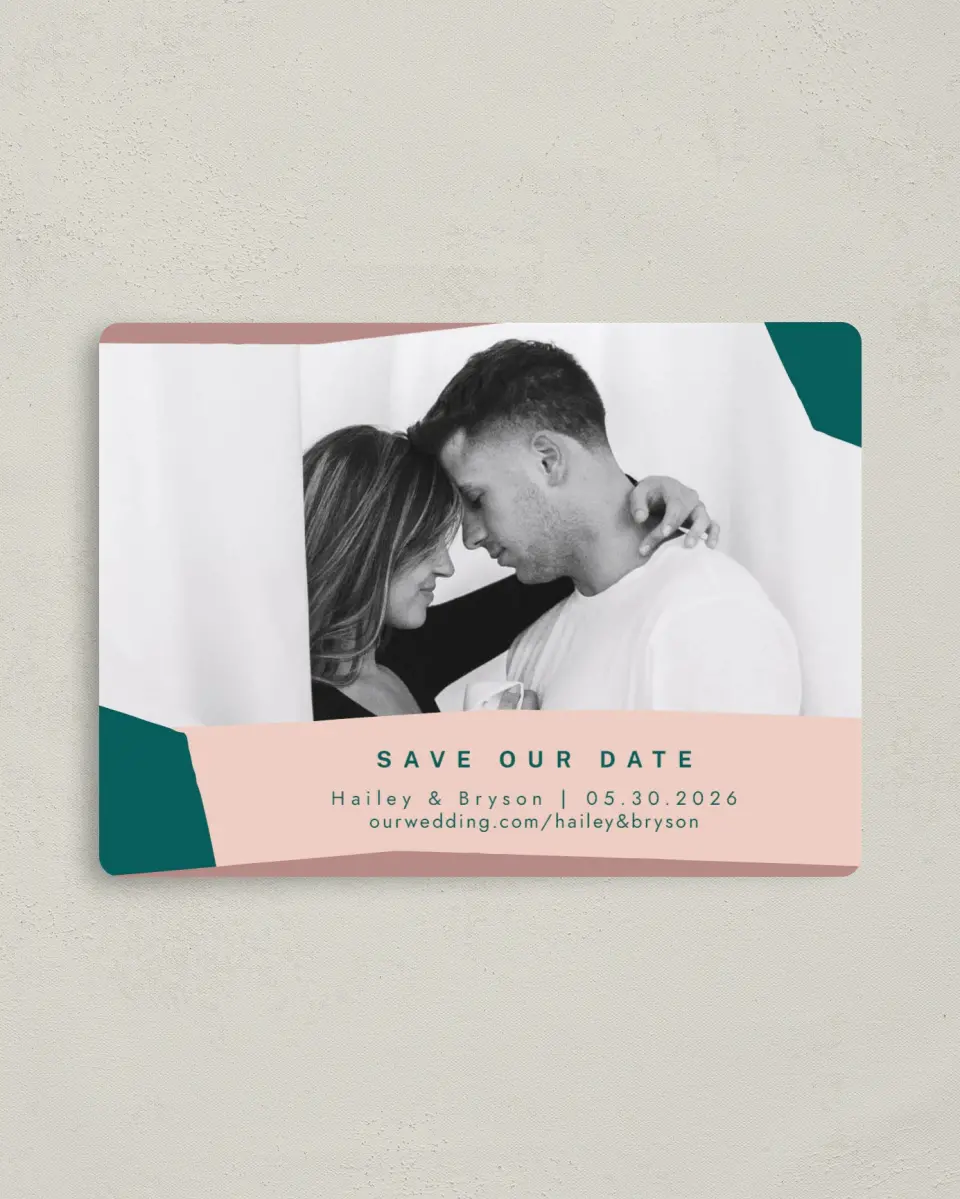 This is a 4" x 5½" Save the Date Magnet called Shaped Love printed in full color with a Luxe Satin finish